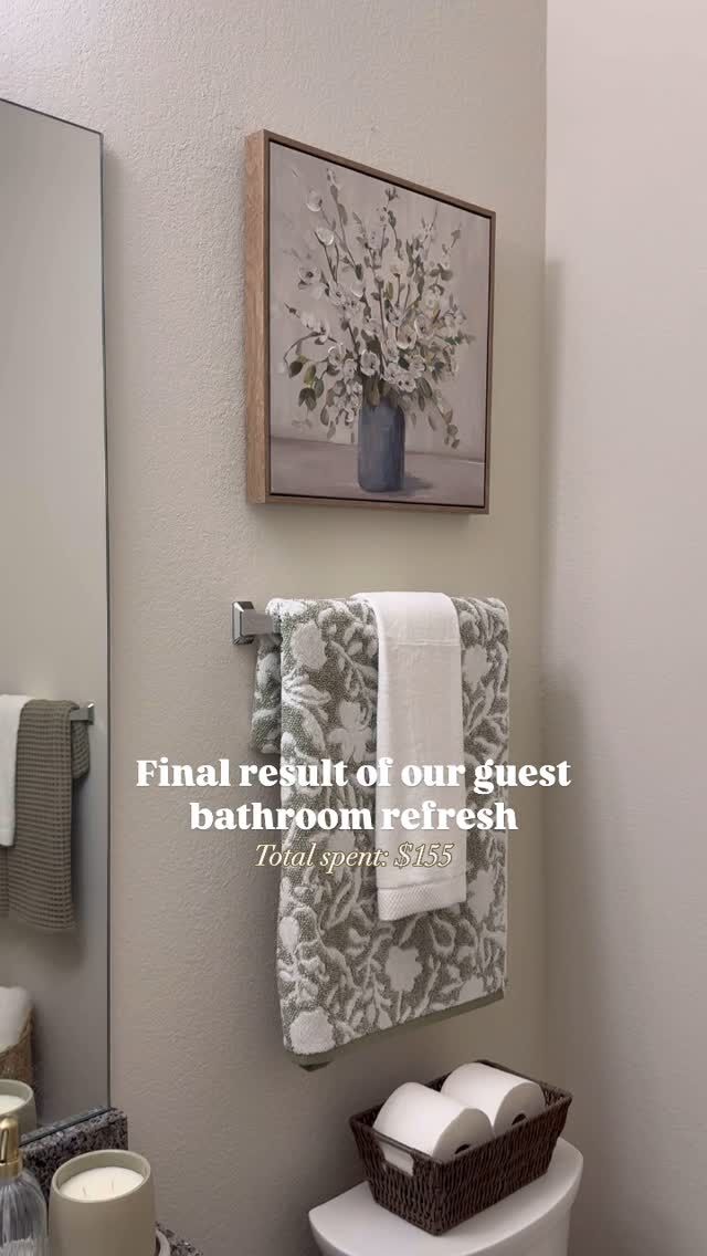 Here’s the final result of our guest bathroom refresh on a budget! My goal was to stay around $150 and I spent about $155 on everything from Target, TJ Maxx and Marshall’s! I grabbed most of the bathroom decor while it was on sale 😍

I really love how the sage green and white looks together! I’ll have all of this on my LTK ☺️

#bathroomrefresh #bathroomdecor #bathroommakeover #bathroom #organicmodern #modernbathroom #targetfinds #targetbathroom #targethome #neutralbathroom #neutralaesthetic #decoratingonabudget #affordabledecor
#neutralhomedecor
